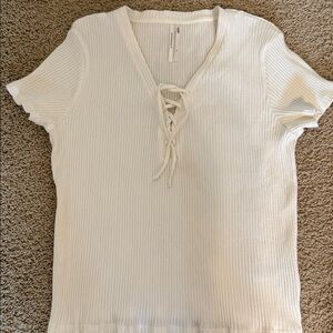 Anthropologie Lace Up Rib Knit T-Shirt Size XL